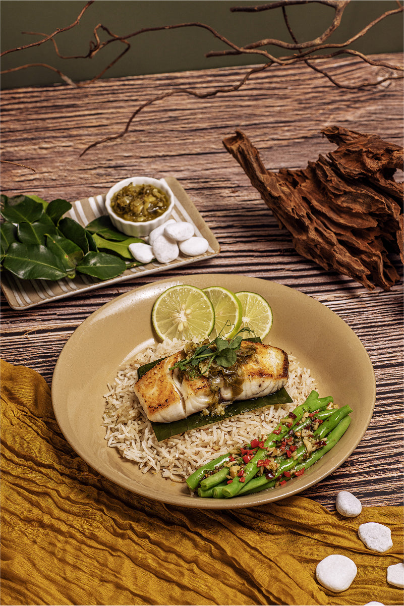 Seabass in Green Sambal with Fragrant Basmati & Beans