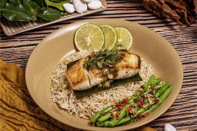 Seabass in Green Sambal with Fragrant Basmati & Beans
