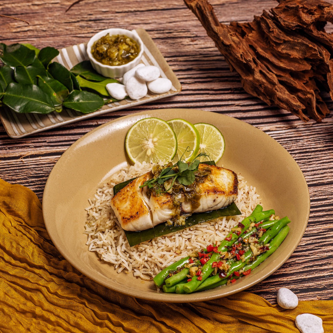 Seabass in Green Sambal with Fragrant Basmati & Beans