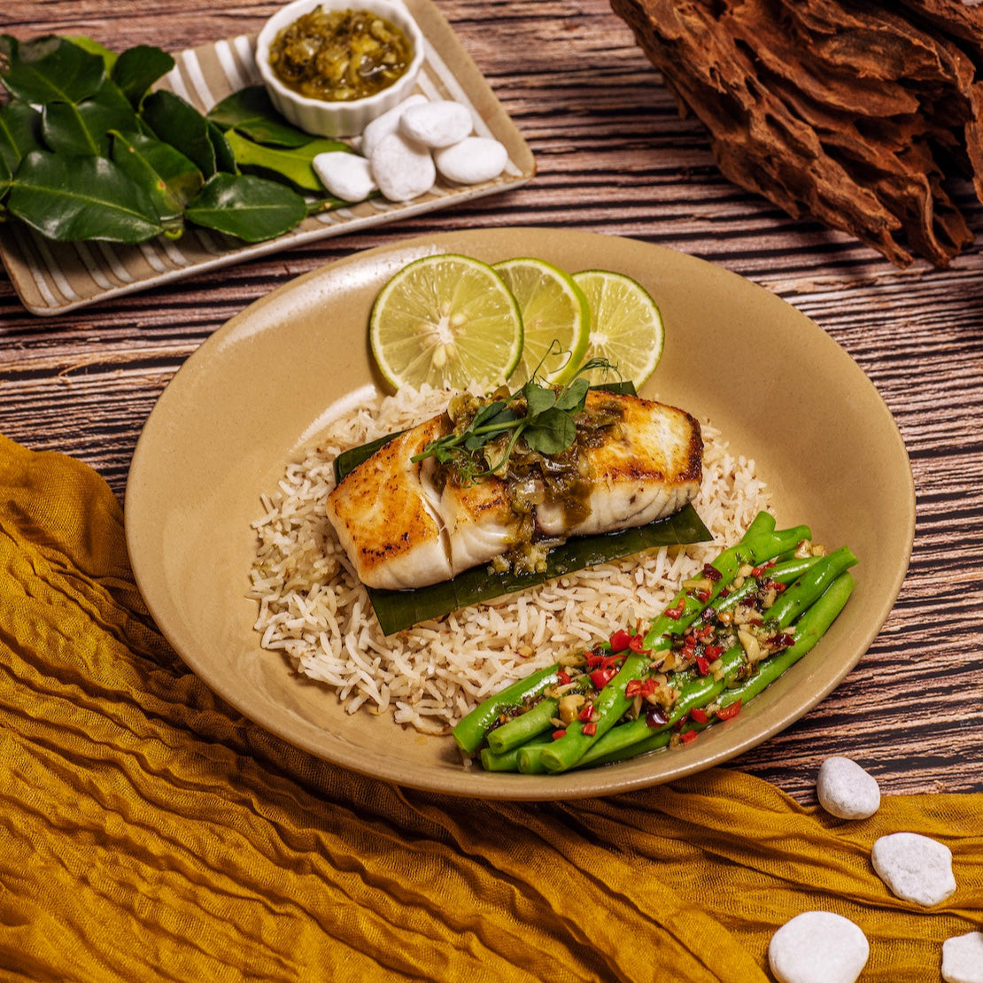 Seabass in Green Sambal with Fragrant Basmati & Beans