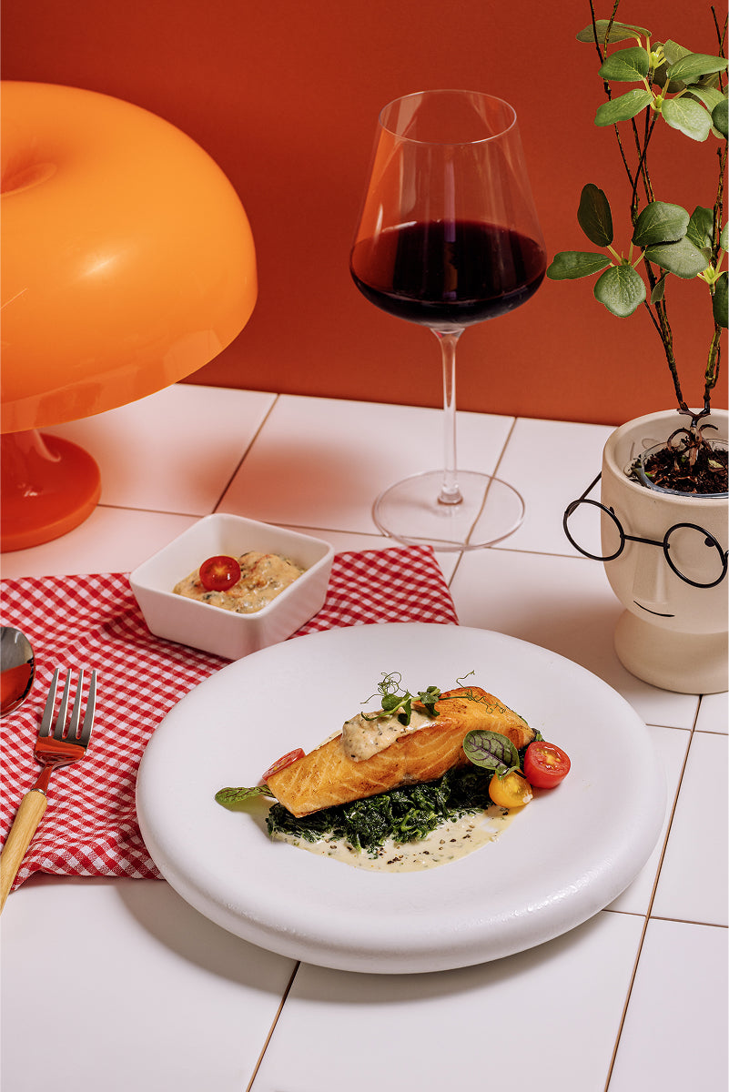 Creamy Tuscan Salmon with with Mashed Potatoes & Melty Spinach