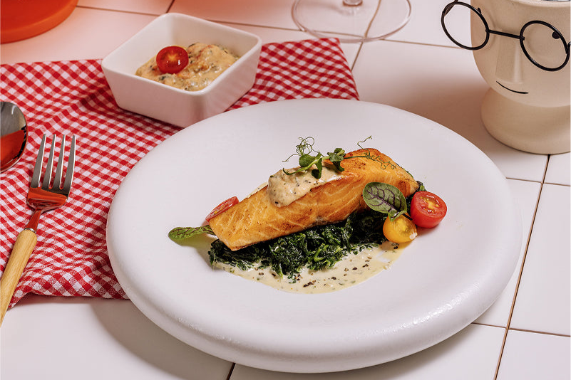 Creamy Tuscan Salmon with with Mashed Potatoes & Melty Spinach
