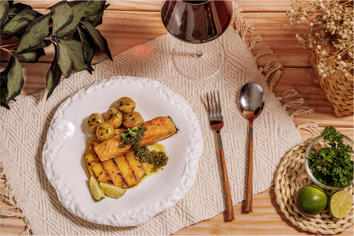 Chimichurri-Glazed Salmon with Roasted Potatoes & Grilled Pineapple