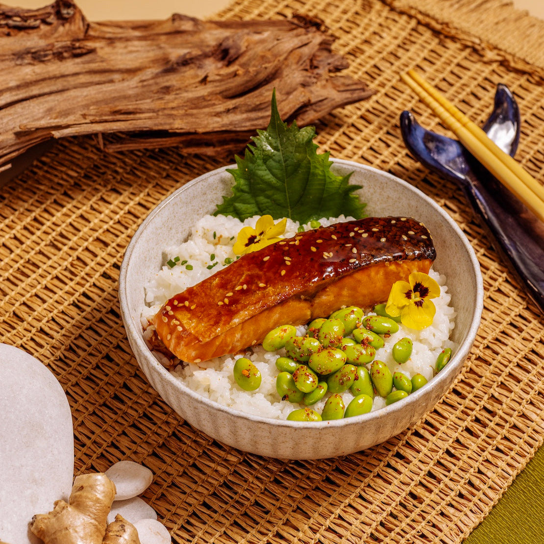 Salmon Teriyaki Bowl with Japanese Rice & Edamame