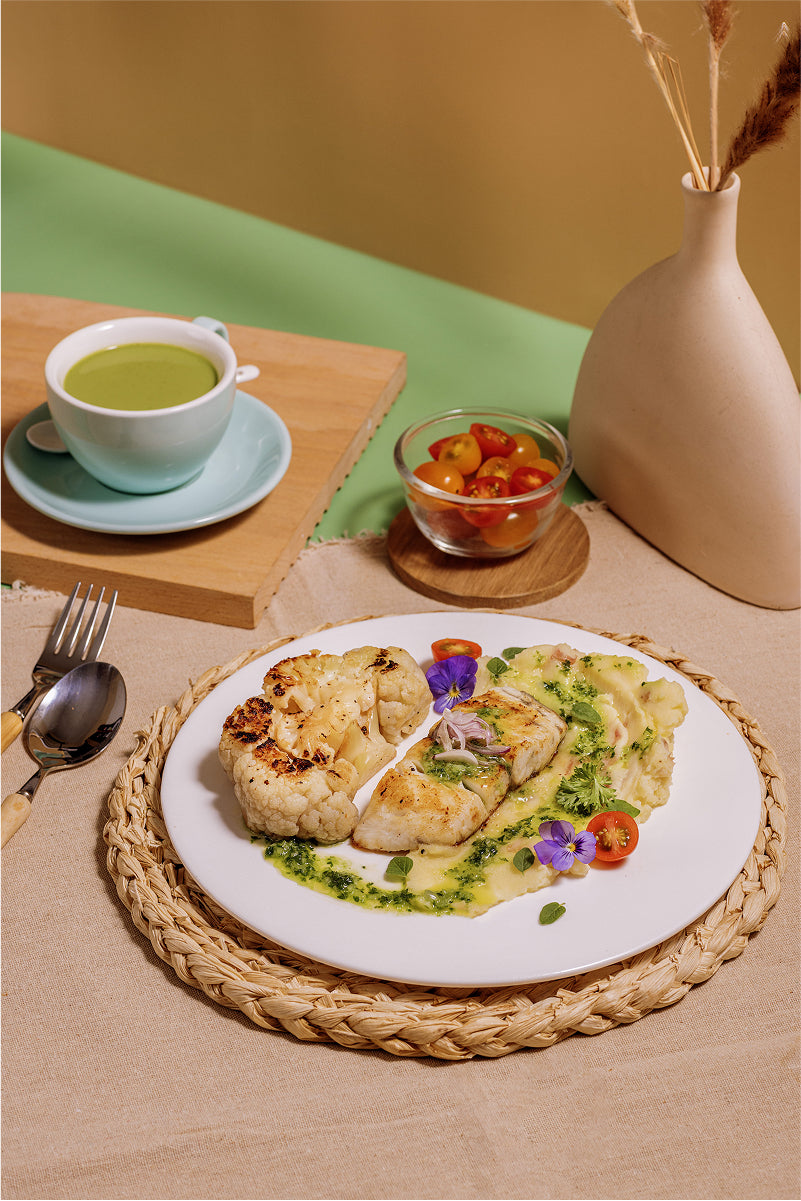 Smokey Cauliflower & Seabass with Buttery Truffle Mash