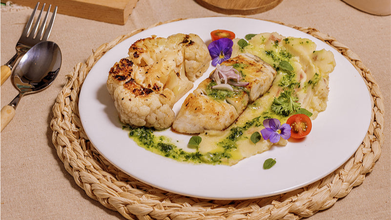 Smokey Cauliflower & Seabass with Buttery Truffle Mash