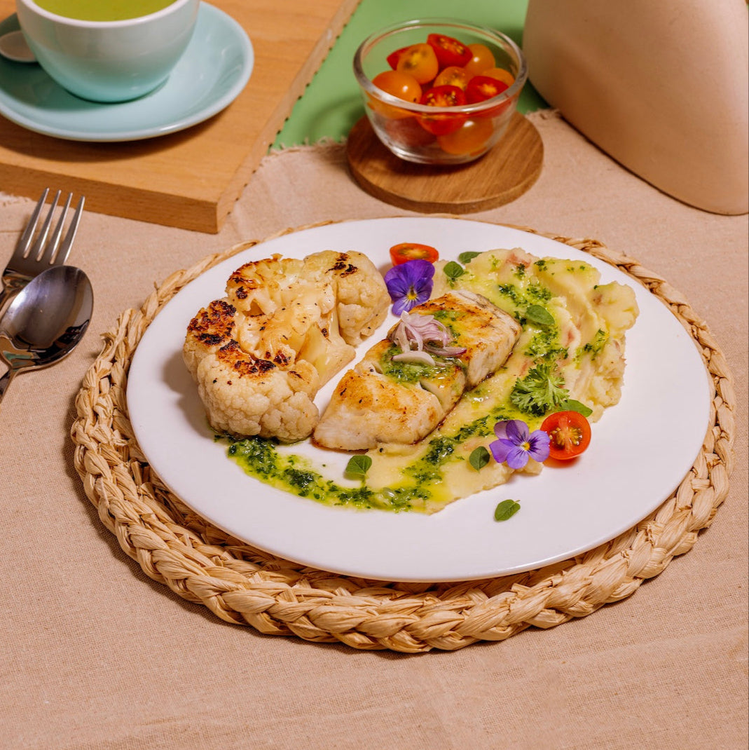 Smokey Cauliflower & Seabass with Buttery Truffle Mash