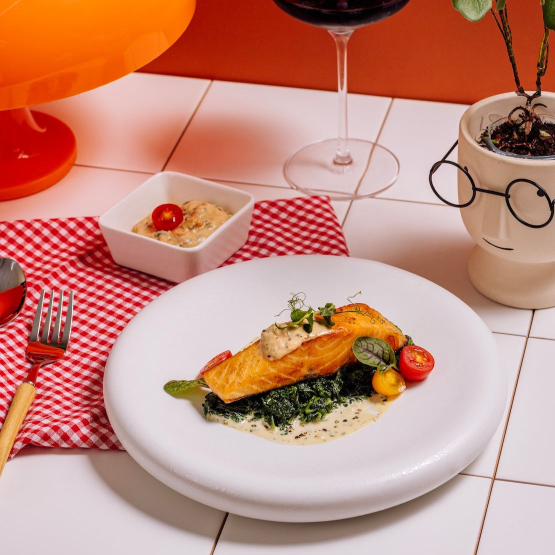 Creamy Tuscan Salmon with Mashed Potatoes & Melty Spinach