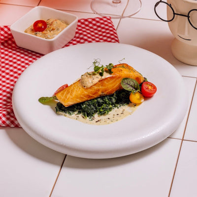 Creamy Tuscan Salmon with Mashed Potatoes & Melty Spinach